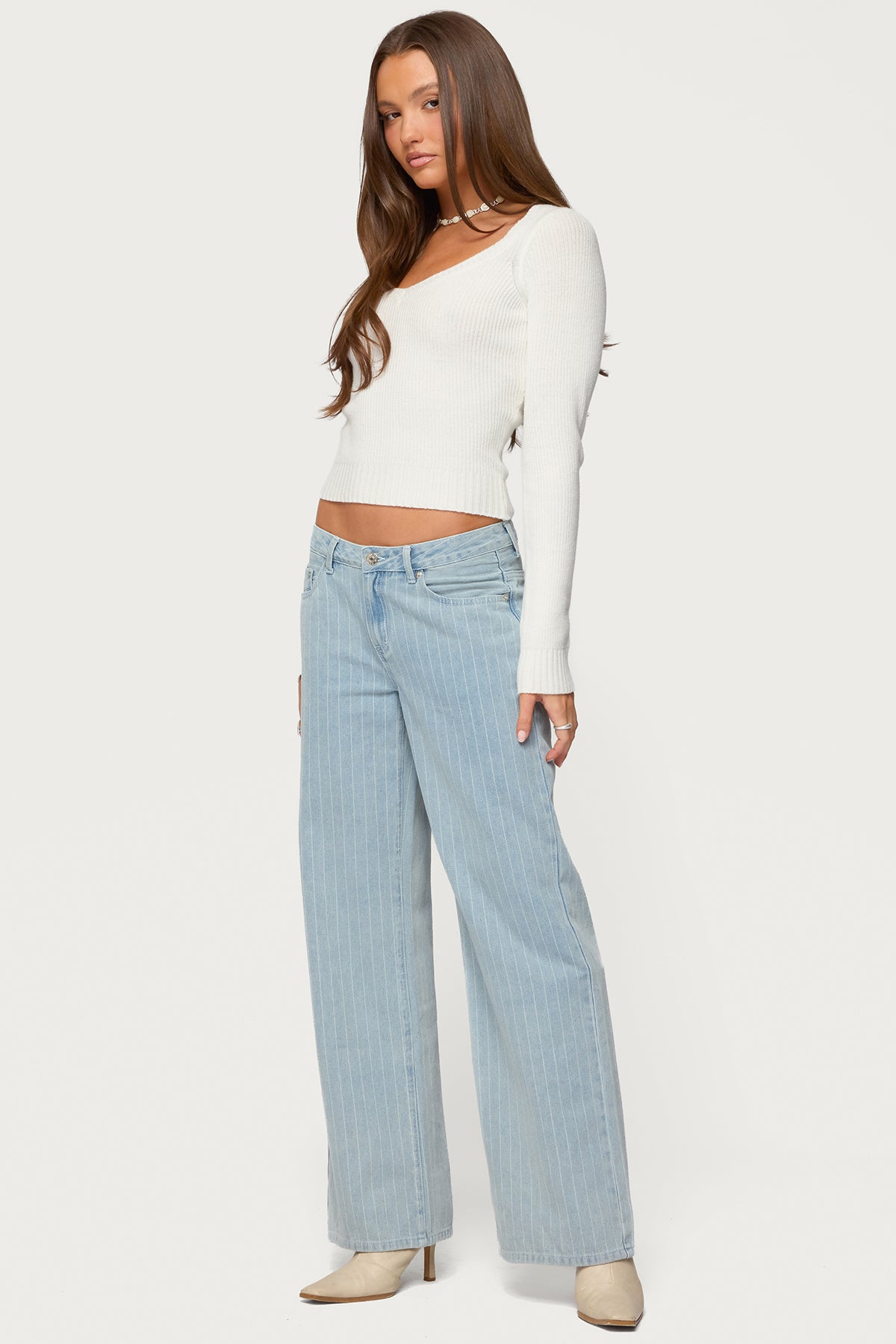 Maliah Ribbed Knit V Neck Top - WHITE