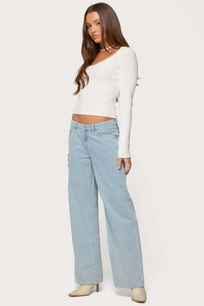 Maliah Ribbed Knit V Neck Top - WHITE