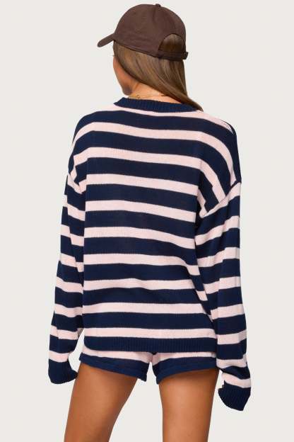 Amaris Oversized Striped Sweater - NAVY-AND-PINK