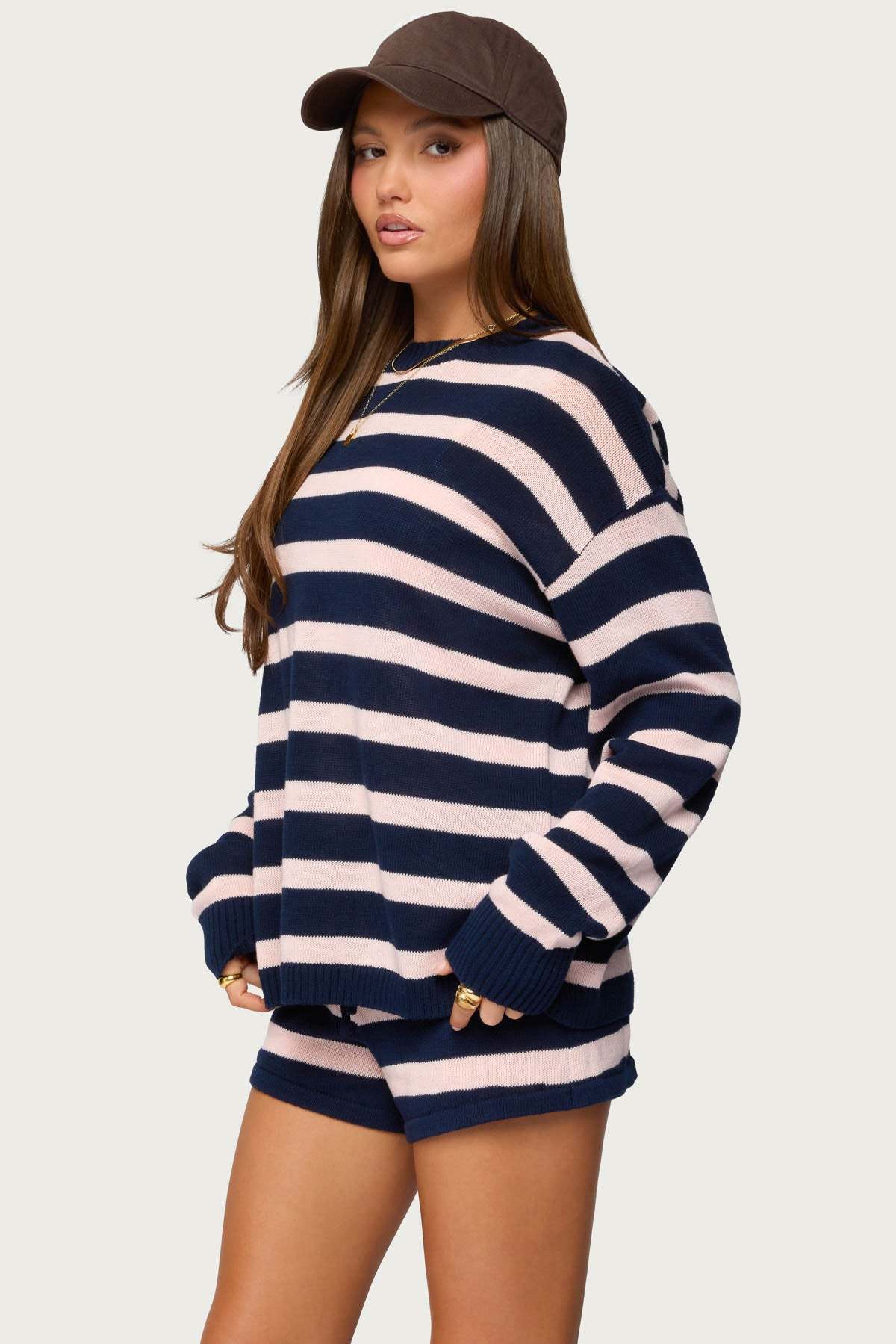 Amaris Oversized Striped Sweater - NAVY-AND-PINK