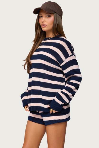Amaris Oversized Striped Sweater - NAVY-AND-PINK