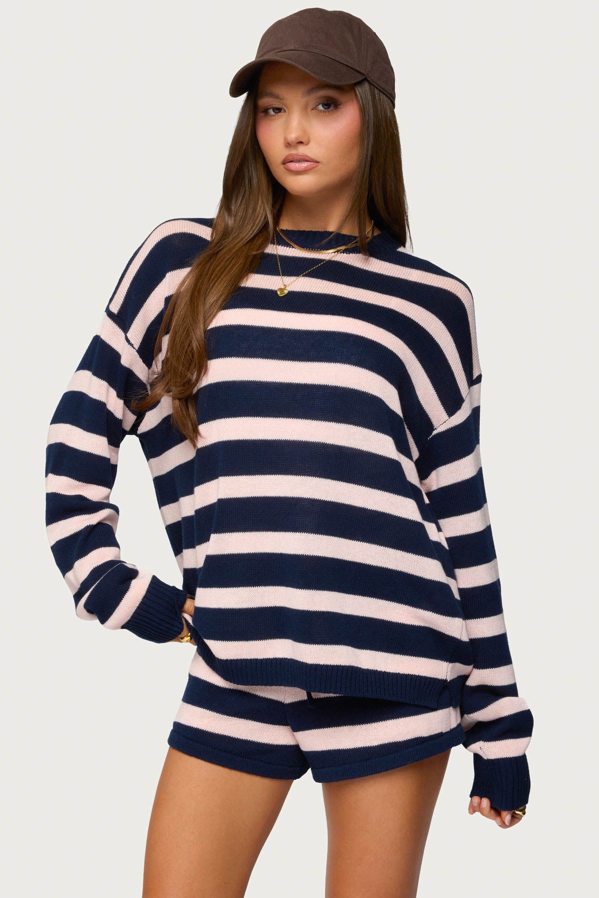 Amaris Oversized Striped Sweater - NAVY-AND-PINK