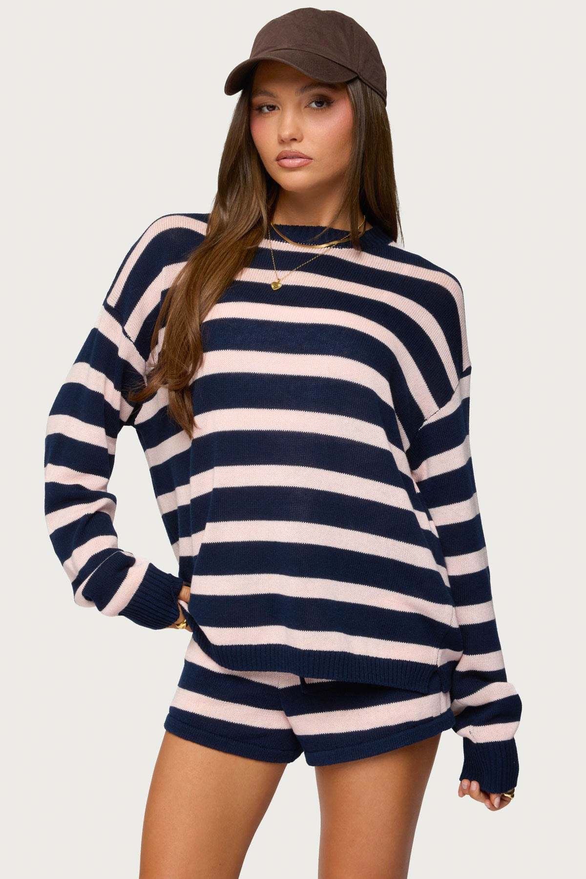 Amaris Oversized Striped Sweater - NAVY-AND-PINK