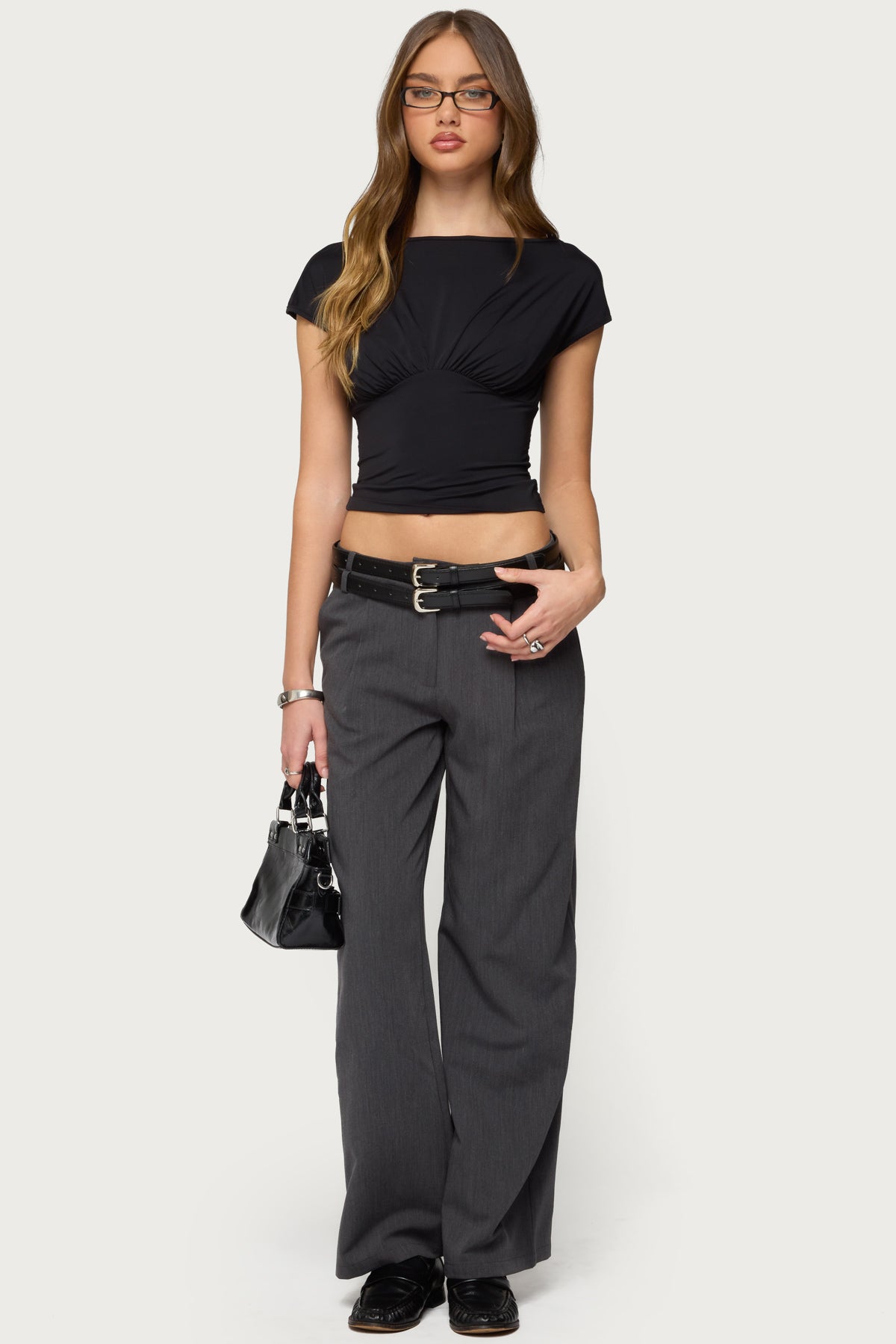 Andy Double Belt Straight Leg Tailored Pants - DARK-GRAY