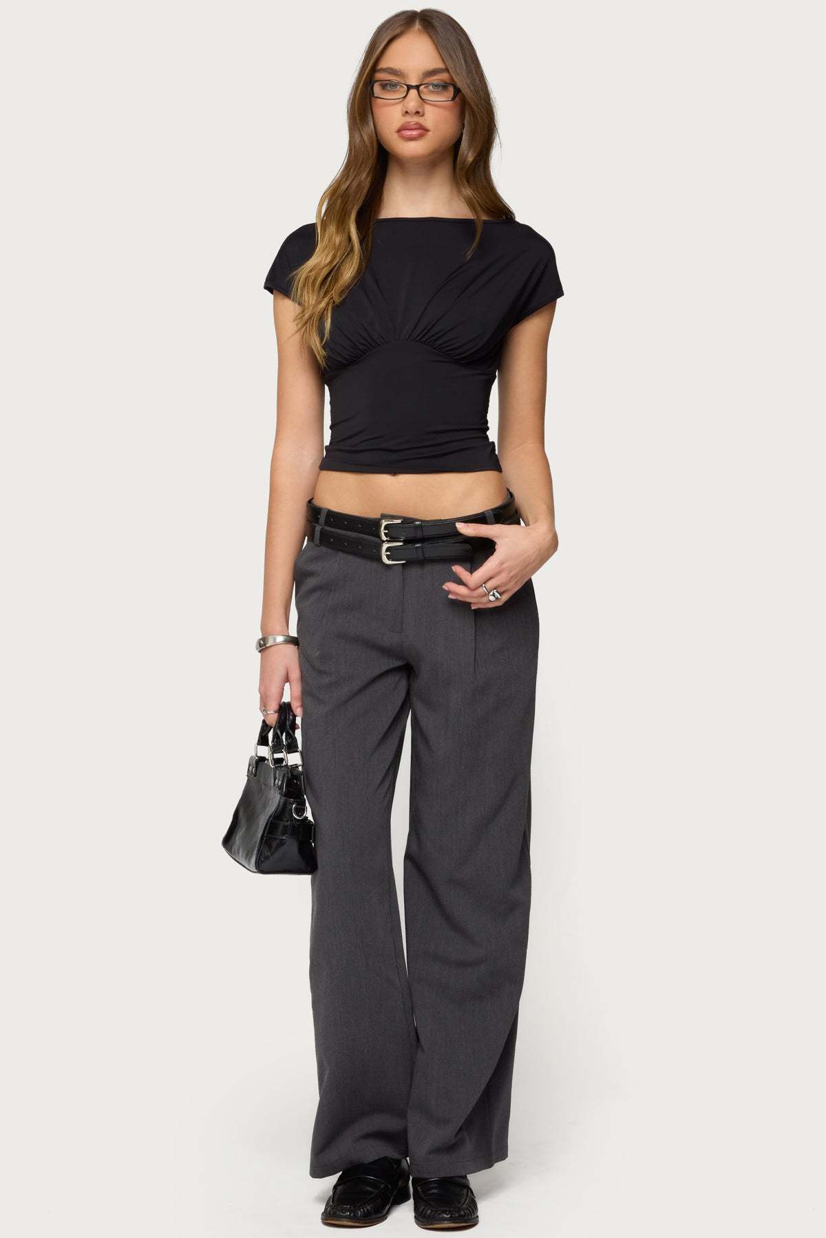 Andy Double Belt Straight Leg Tailored Pants - DARK-GRAY