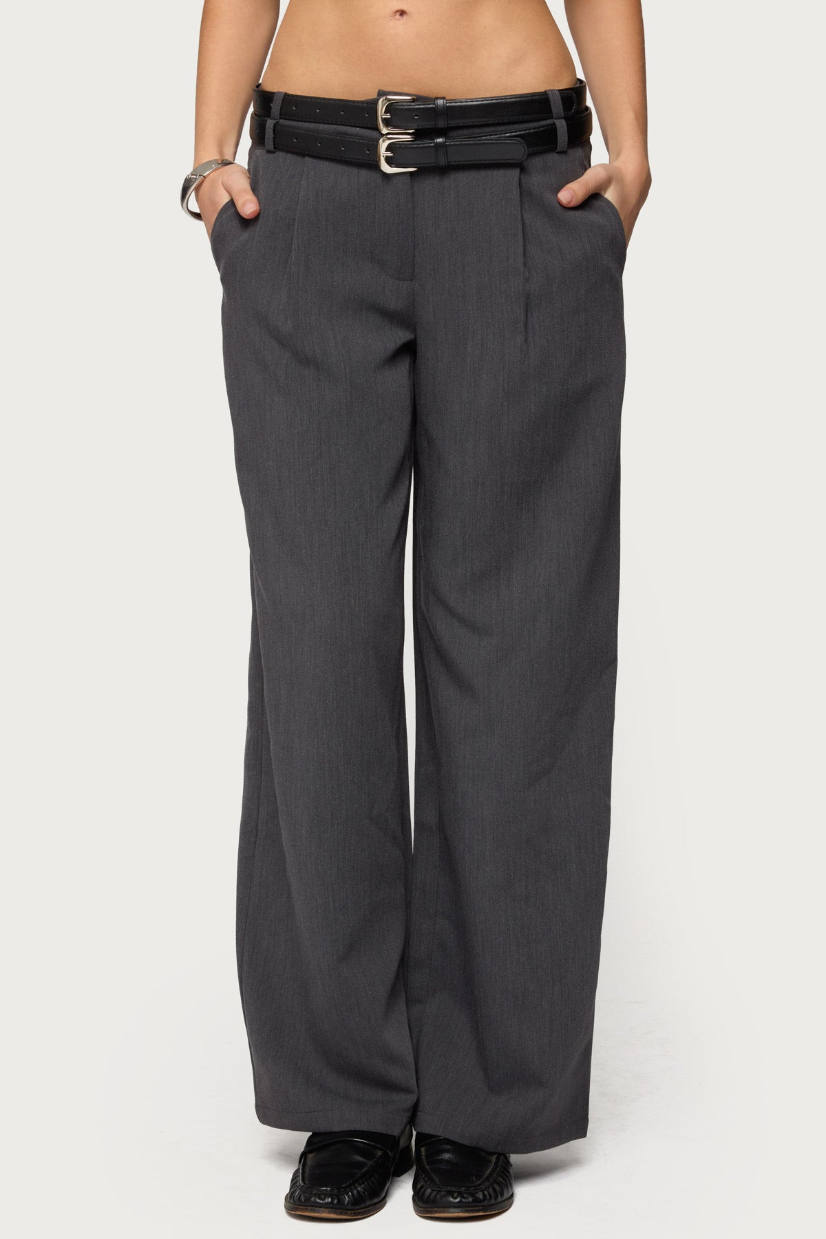 Andy Double Belt Straight Leg Tailored Pants - DARK-GRAY