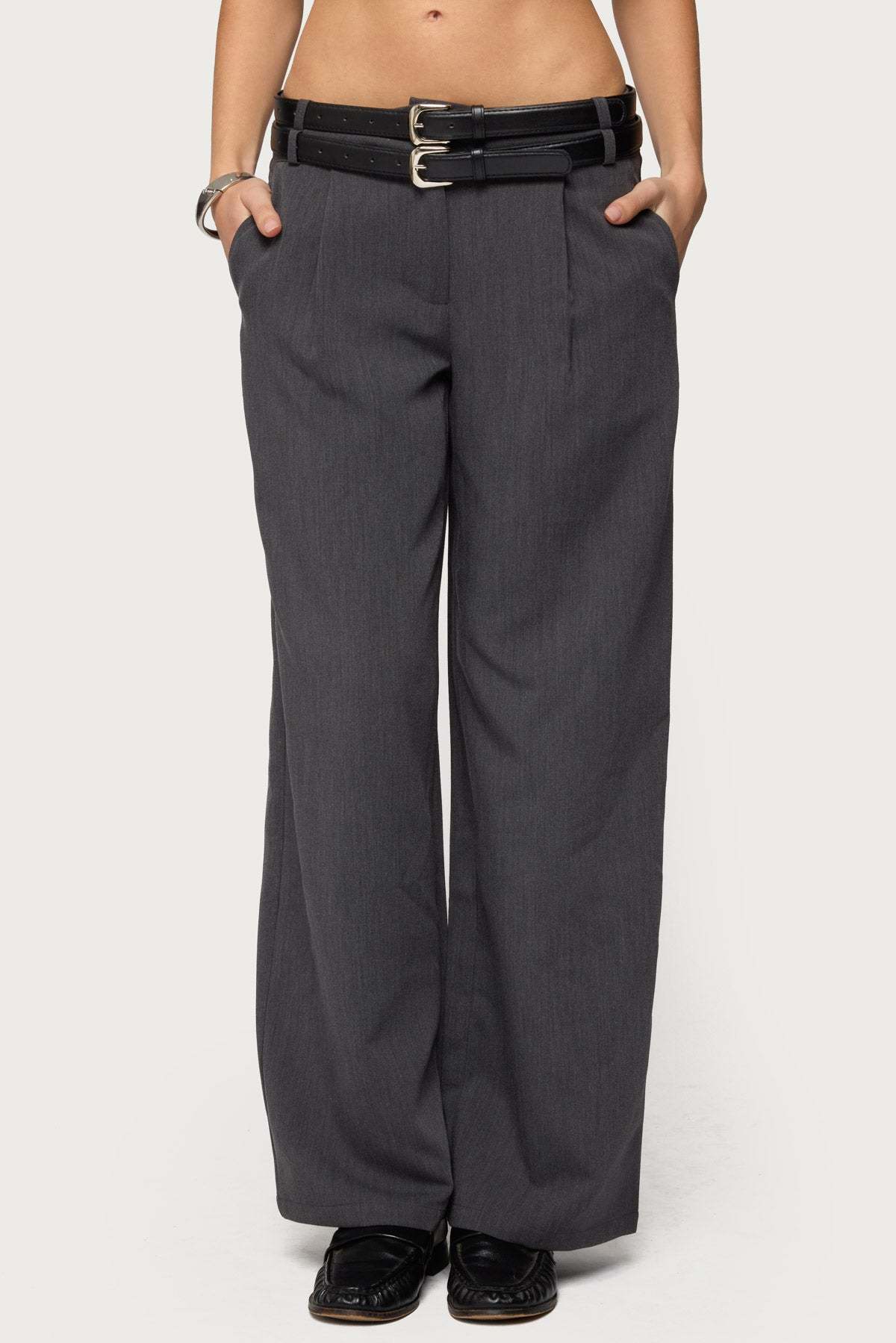 Andy Double Belt Straight Leg Tailored Pants - DARK-GRAY