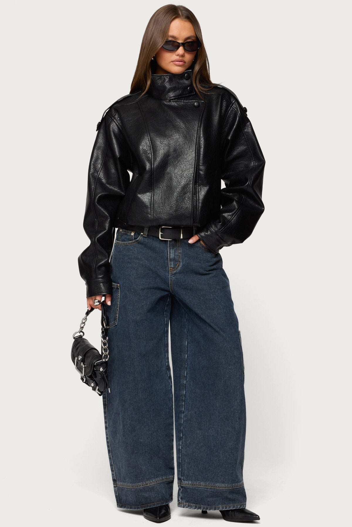 Jaicee High Neck Oversized Faux Leather Jacket - BLACK