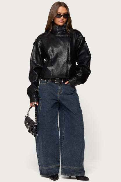 Jaicee High Neck Oversized Faux Leather Jacket - BLACK