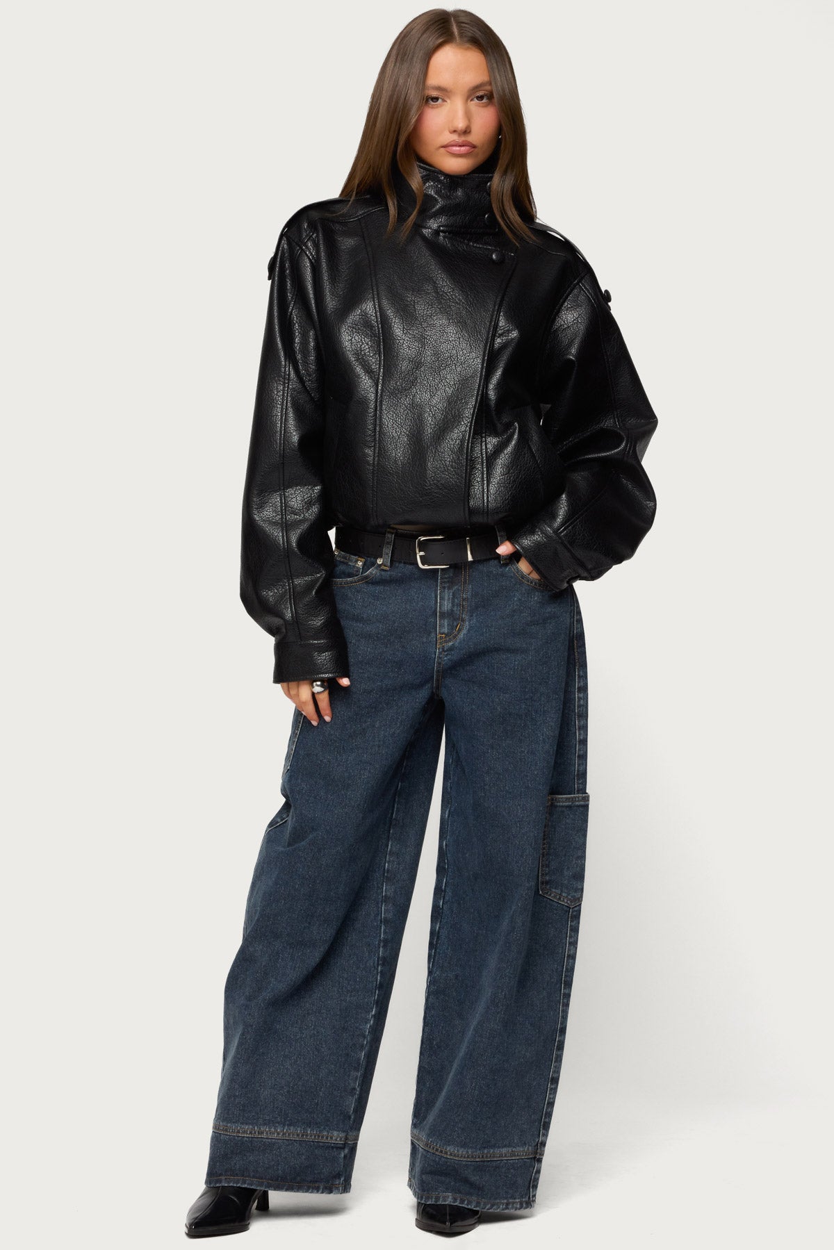 Jaicee High Neck Oversized Faux Leather Jacket - BLACK