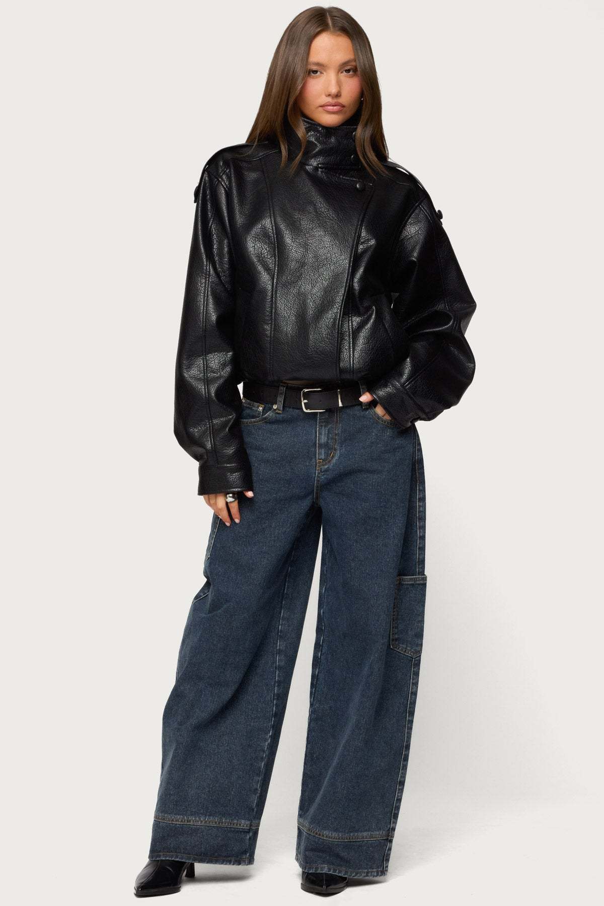 Jaicee High Neck Oversized Faux Leather Jacket - BLACK