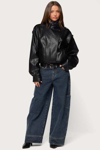 Jaicee High Neck Oversized Faux Leather Jacket - BLACK