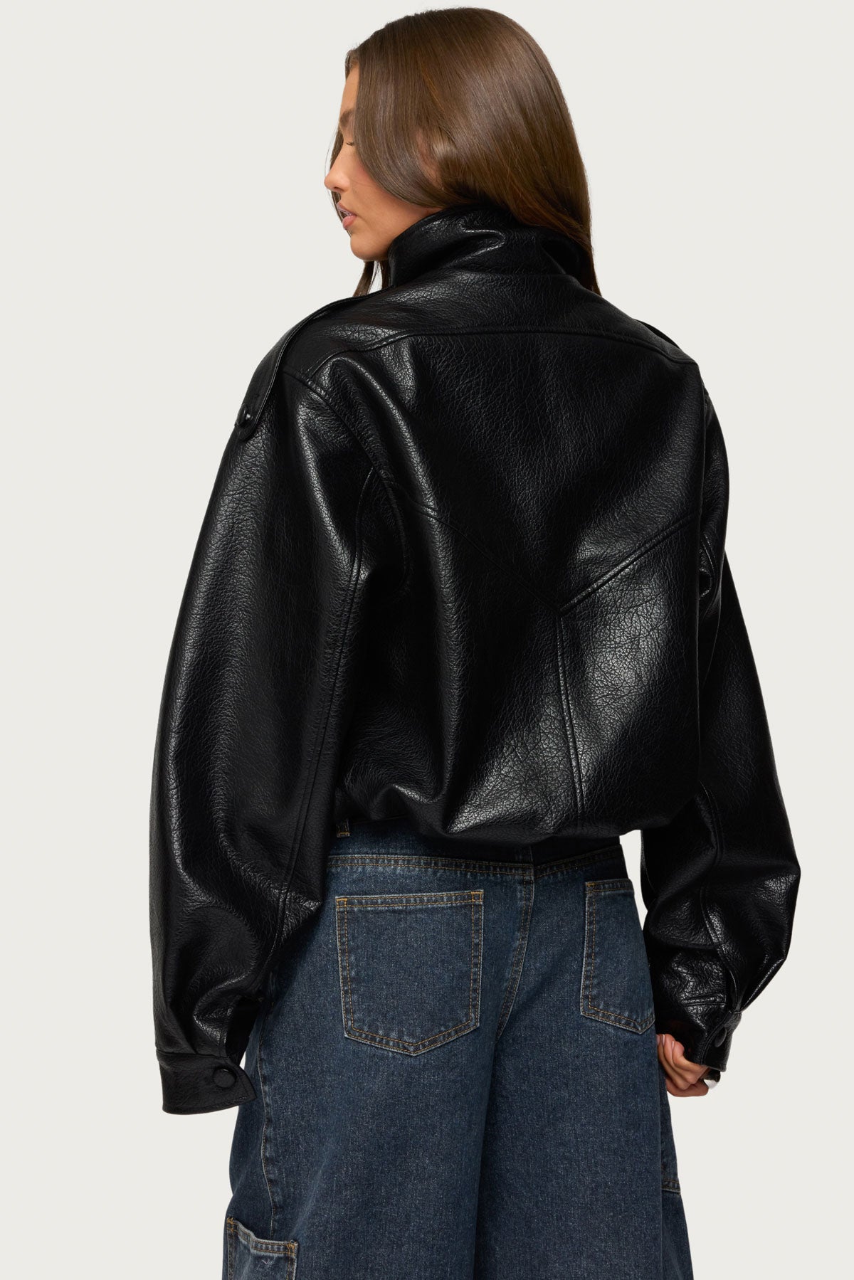 Jaicee High Neck Oversized Faux Leather Jacket - BLACK