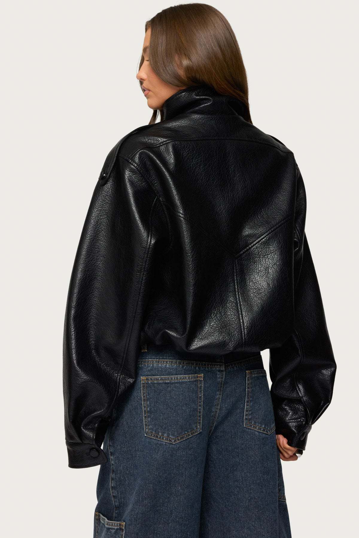 Jaicee High Neck Oversized Faux Leather Jacket - BLACK