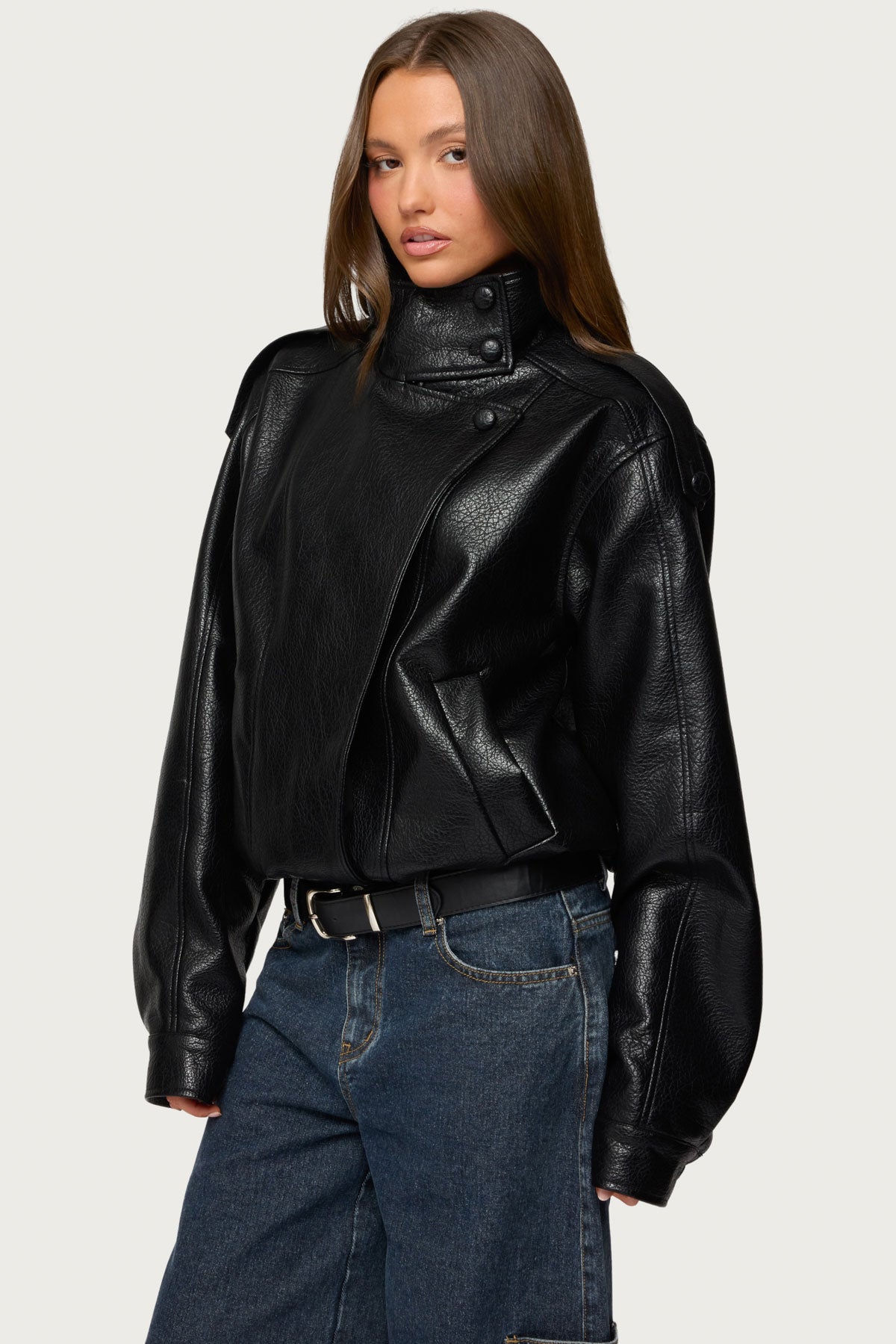 Jaicee High Neck Oversized Faux Leather Jacket - BLACK