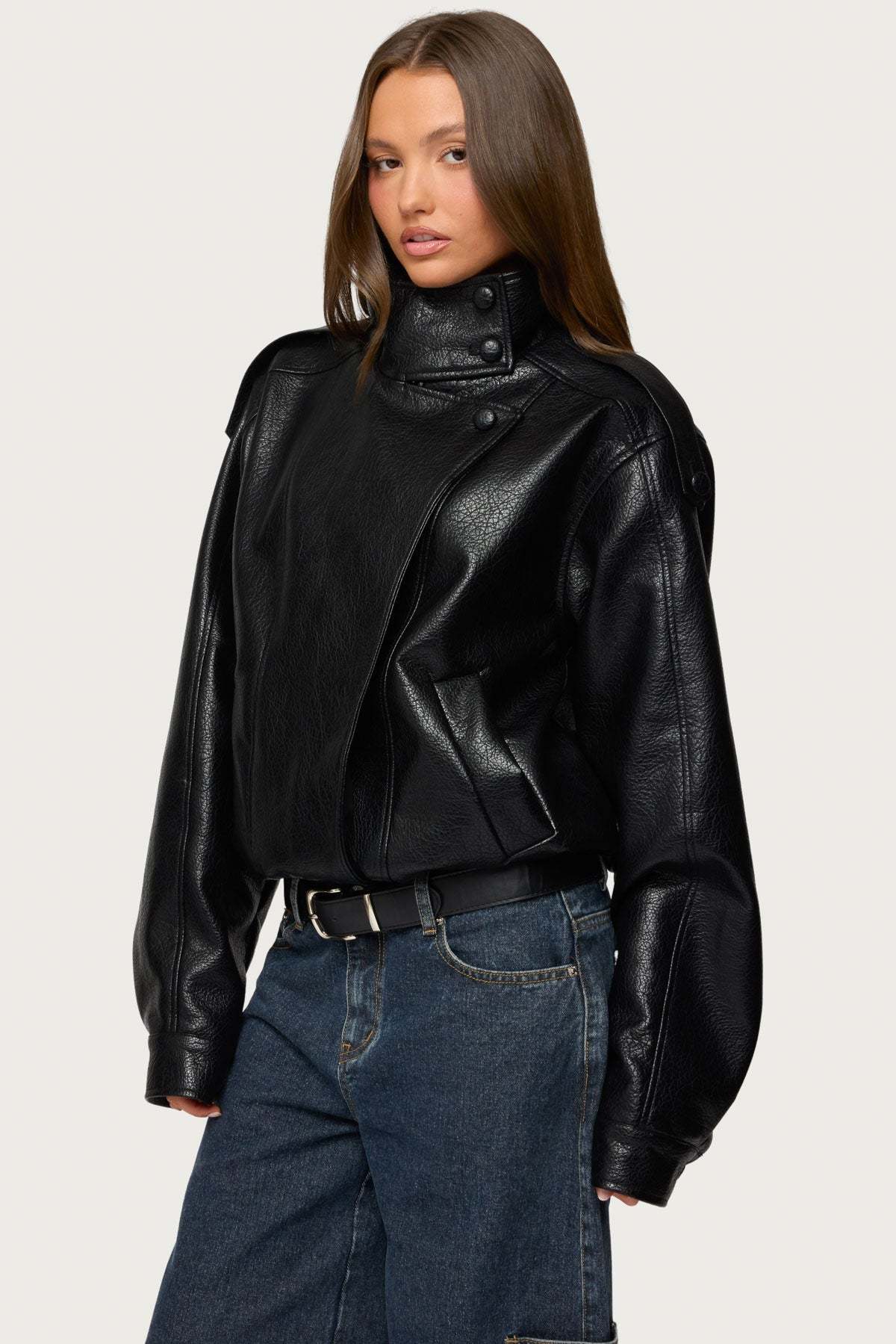 Jaicee High Neck Oversized Faux Leather Jacket - BLACK