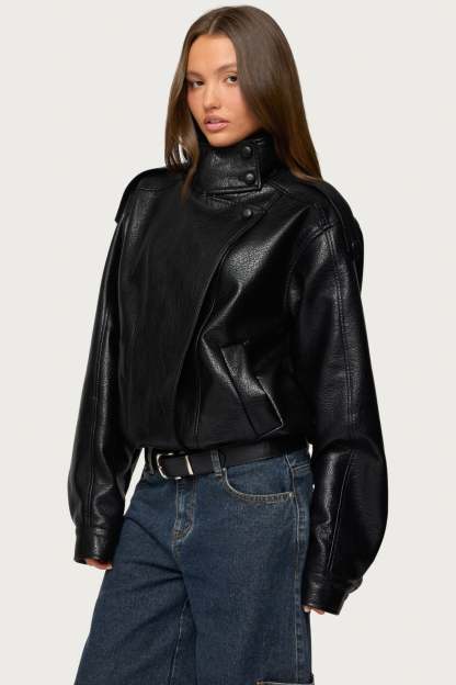 Jaicee High Neck Oversized Faux Leather Jacket - BLACK