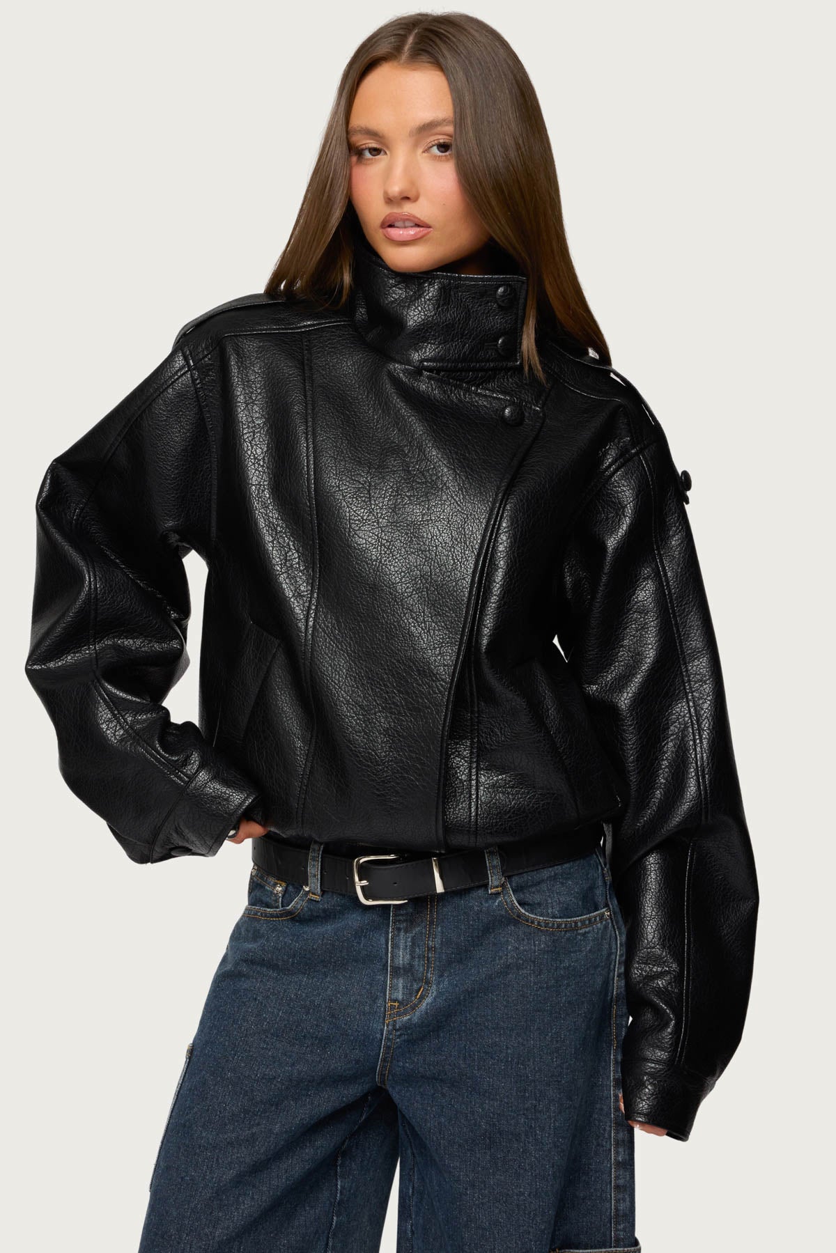 Jaicee High Neck Oversized Faux Leather Jacket - BLACK