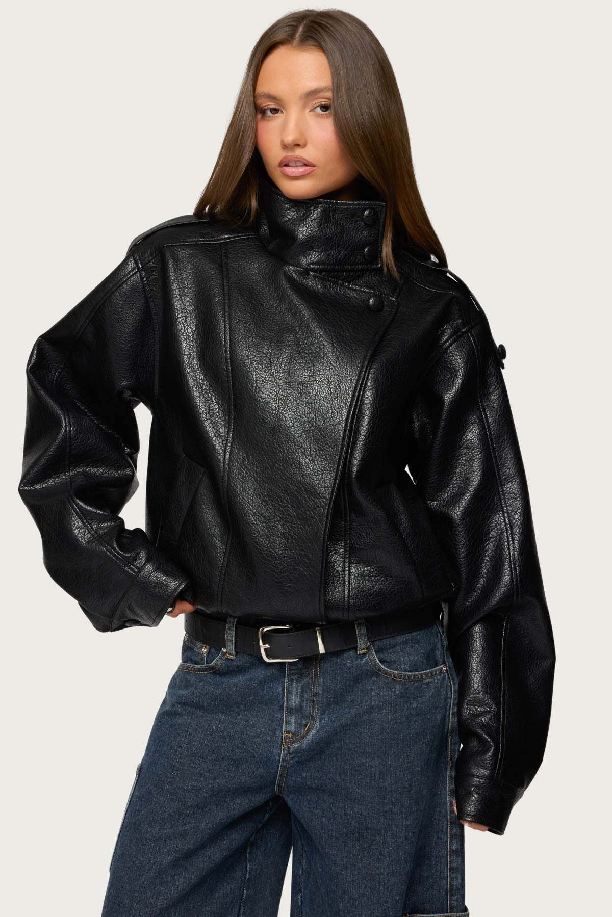 Jaicee High Neck Oversized Faux Leather Jacket - BLACK