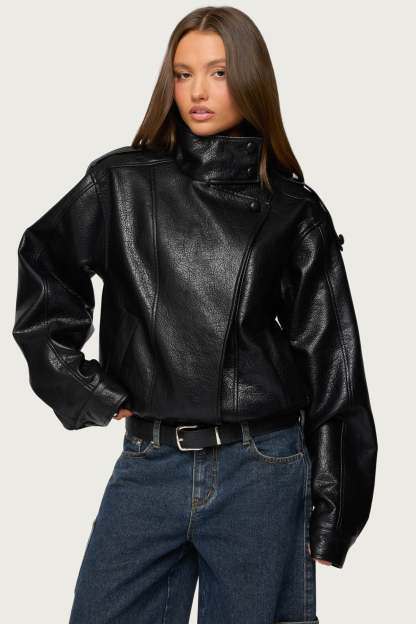 Jaicee High Neck Oversized Faux Leather Jacket - BLACK