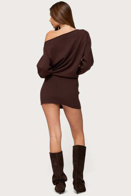 Eve Off Shoulder Knit Mini Dress - DARK-BROWN