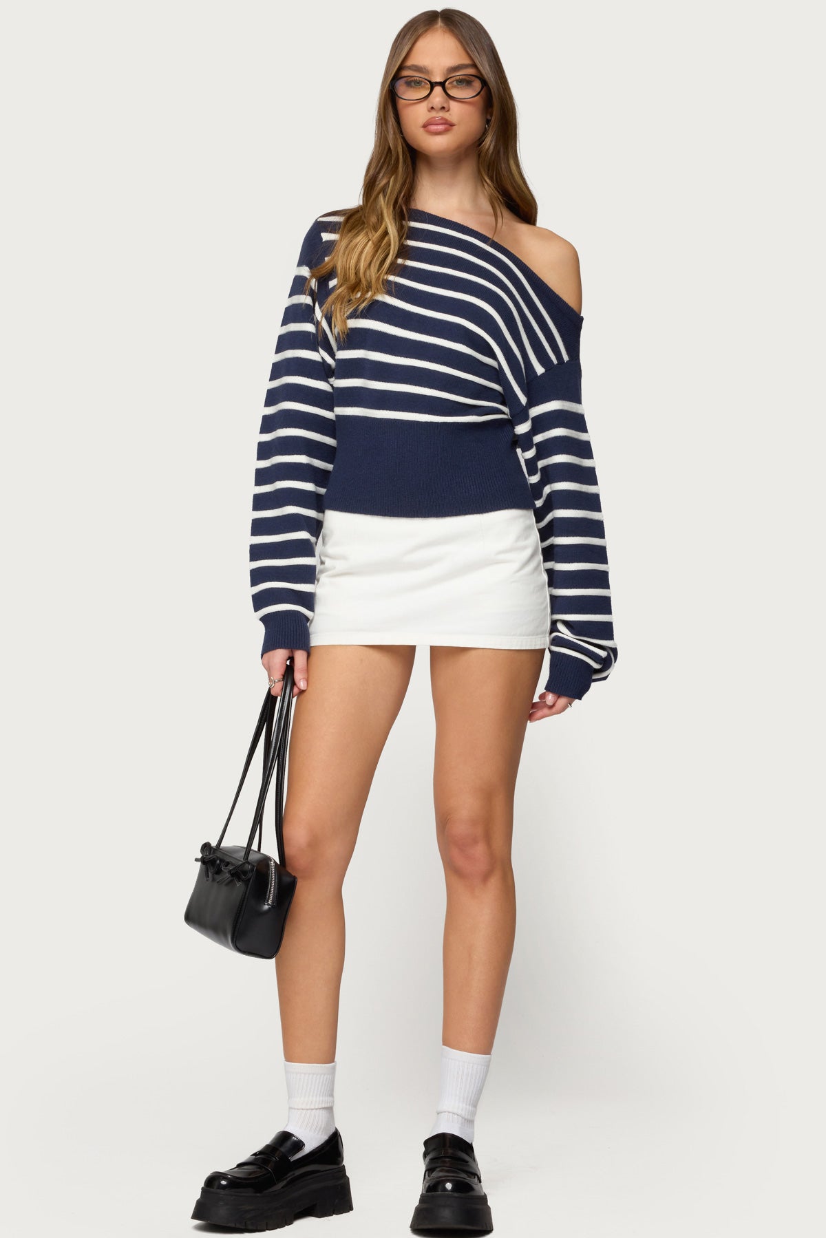 Mika Off Shoulder Oversized Sweater - NAVY