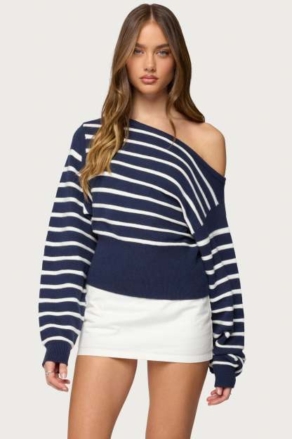 Mika Off Shoulder Oversized Sweater - NAVY