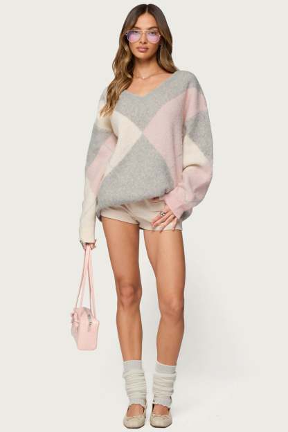 Elda Oversized Argyle Sweater - LIGHT-GRAY-MELANGE