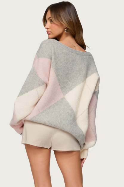 Elda Oversized Argyle Sweater - LIGHT-GRAY-MELANGE