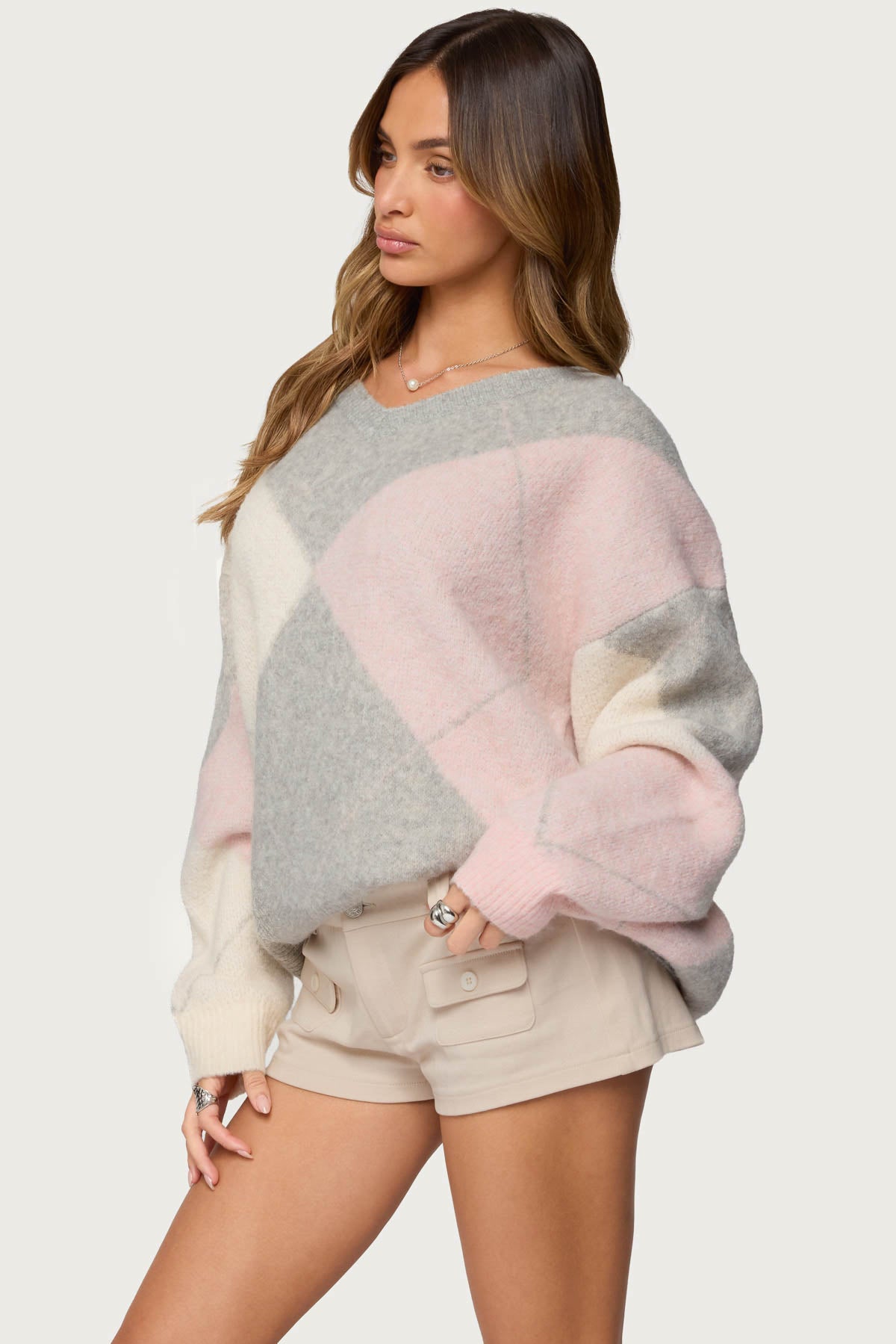 Elda Oversized Argyle Sweater - LIGHT-GRAY-MELANGE