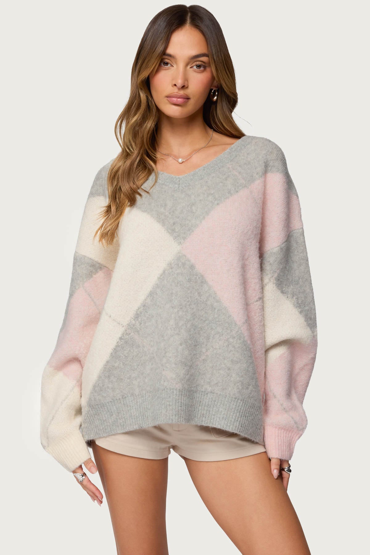 Elda Oversized Argyle Sweater - LIGHT-GRAY-MELANGE