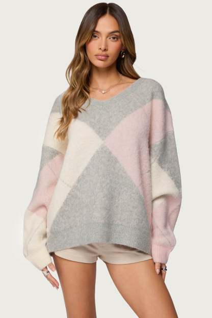 Elda Oversized Argyle Sweater - LIGHT-GRAY-MELANGE