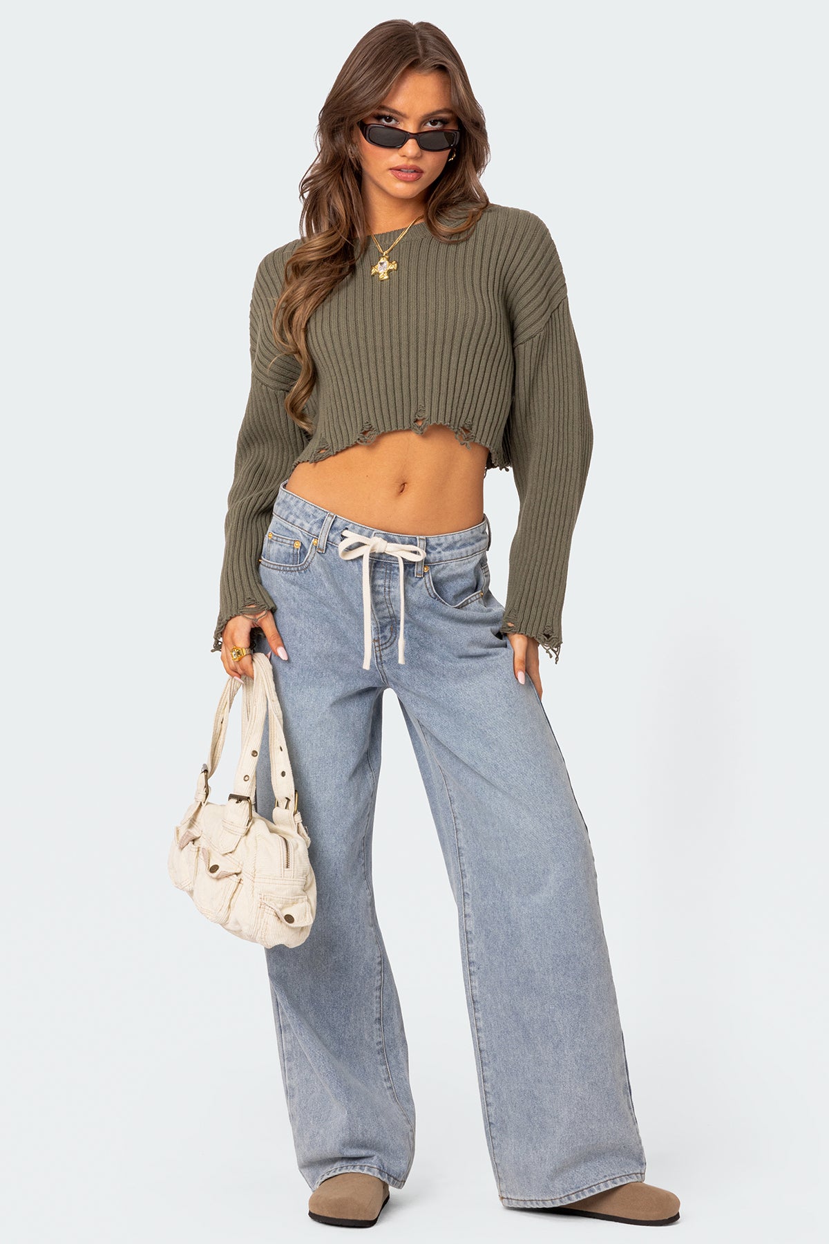 Distressed Hem Oversized Cropped Sweater - OLIVE