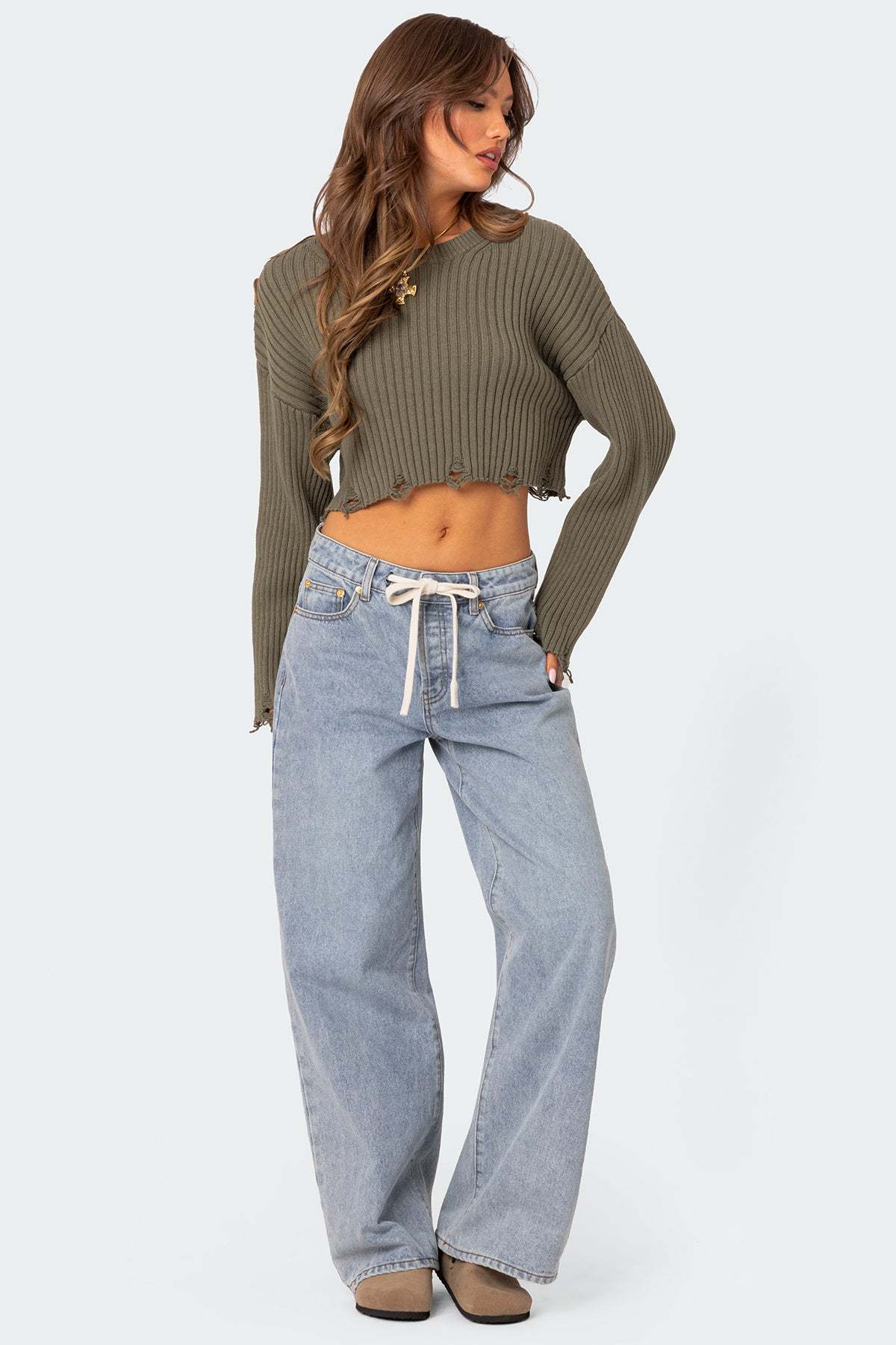 Distressed Hem Oversized Cropped Sweater - OLIVE