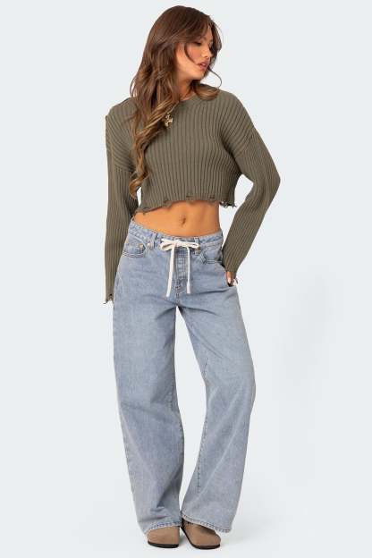 Distressed Hem Oversized Cropped Sweater - OLIVE