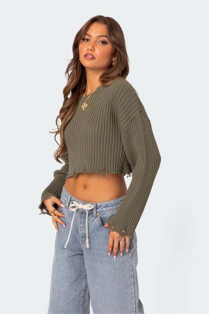 Distressed Hem Oversized Cropped Sweater - OLIVE