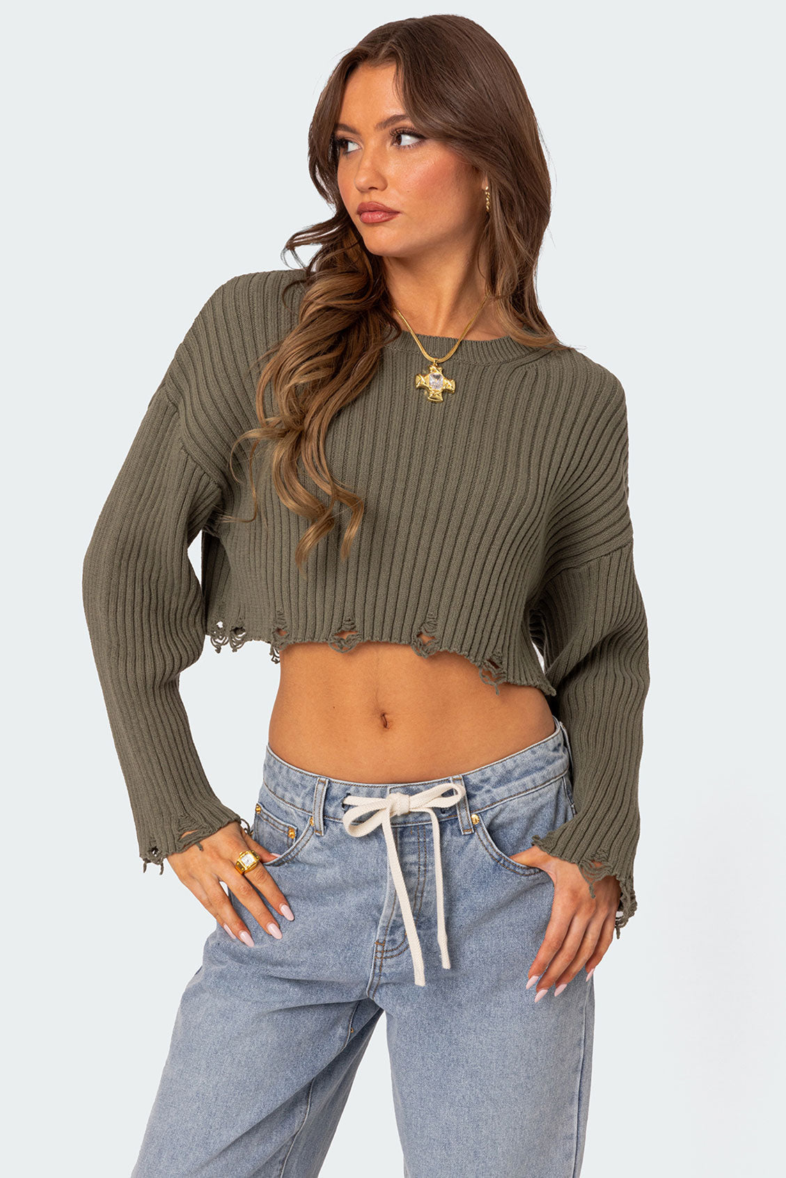 Distressed Hem Oversized Cropped Sweater - OLIVE