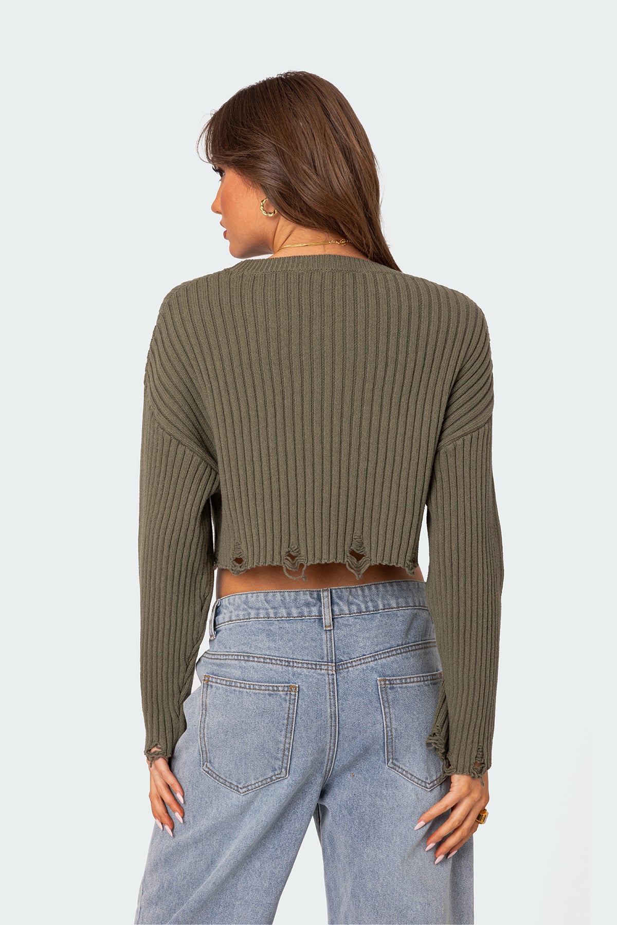 Distressed Hem Oversized Cropped Sweater - OLIVE