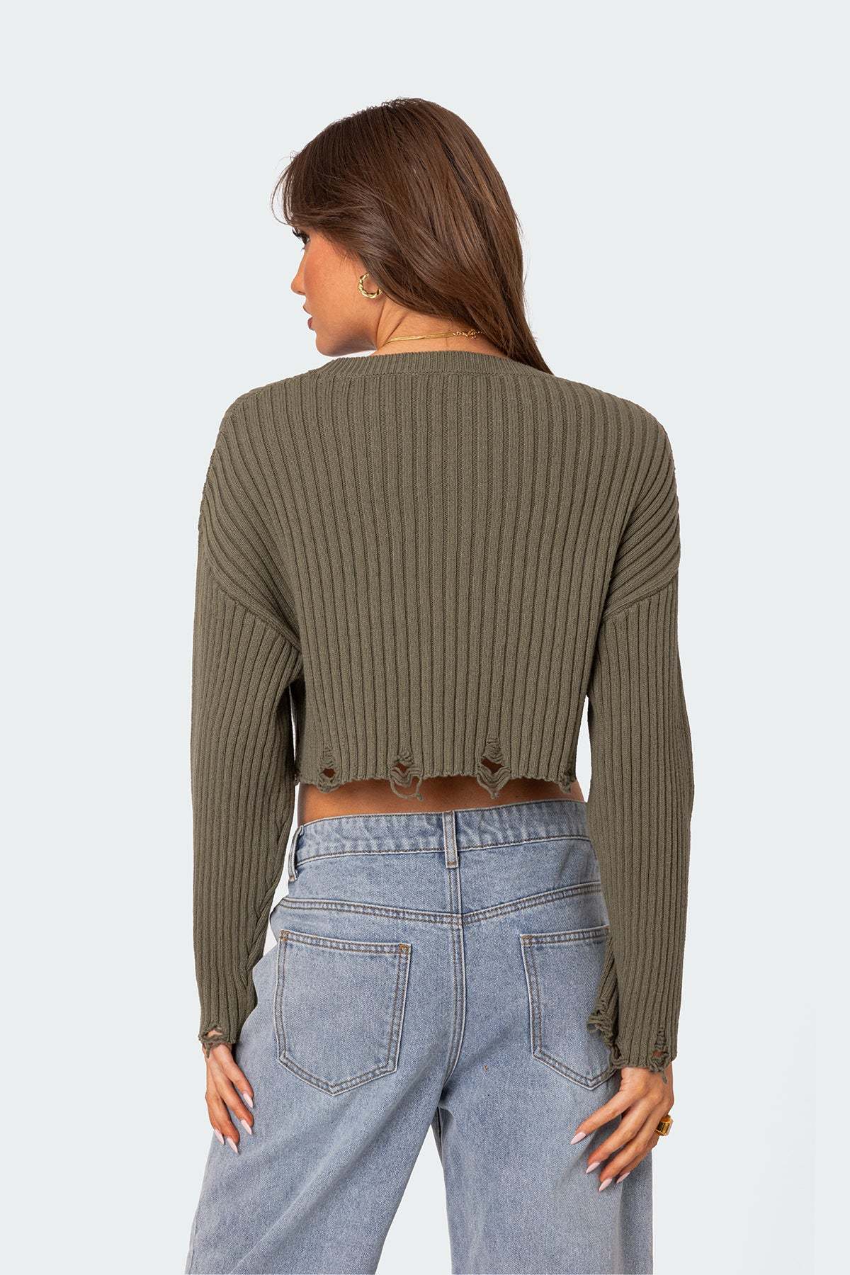 Distressed Hem Oversized Cropped Sweater - OLIVE