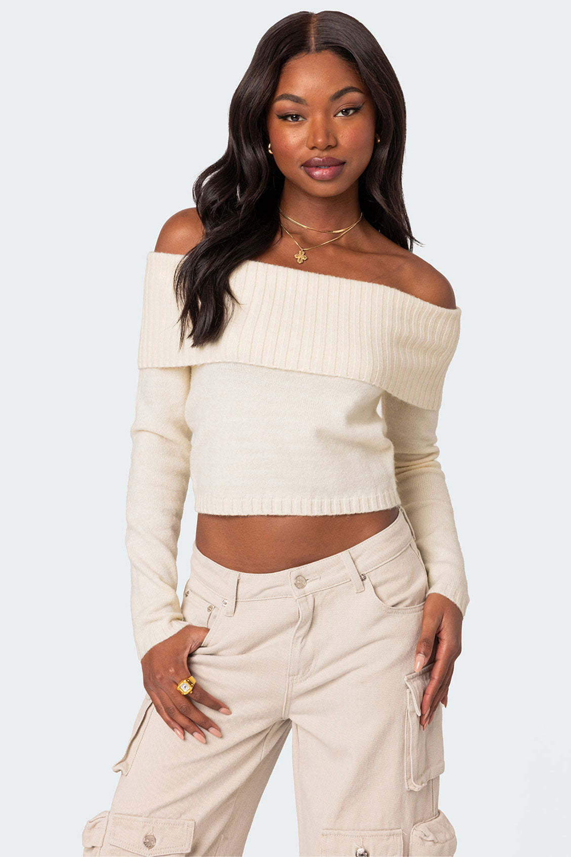 Tamara Fold Over Knit Top - CREAM