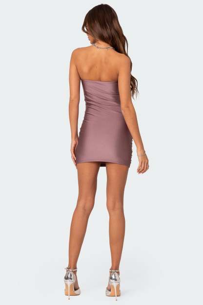 Cece Shiny Gathered Mini Dress - MAUVE