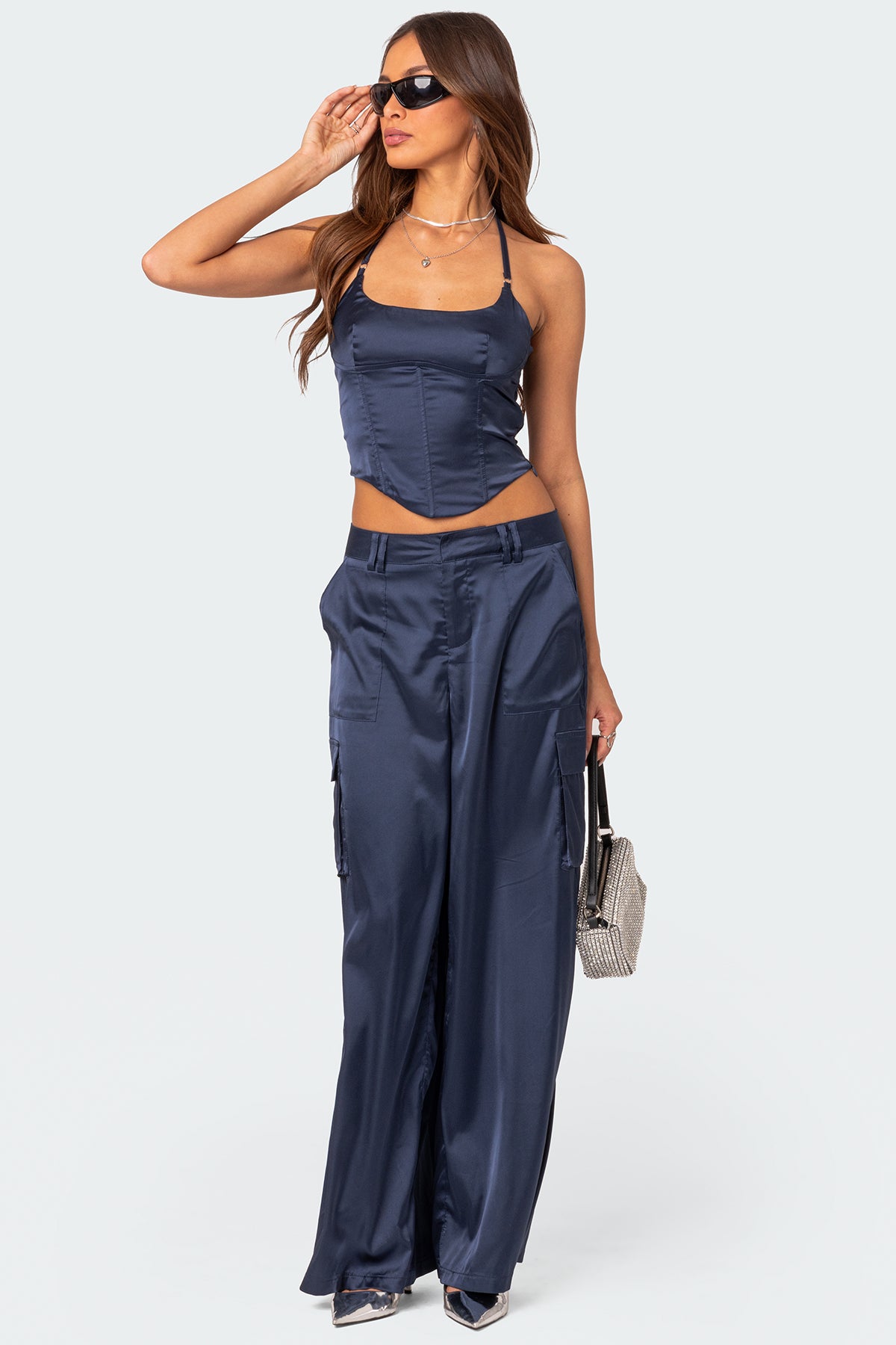 Kelsey Satin Effect Trousers - NAVY