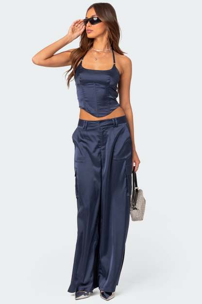 Kelsey Satin Effect Trousers - NAVY