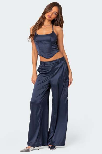 Kelsey Satin Effect Trousers - NAVY