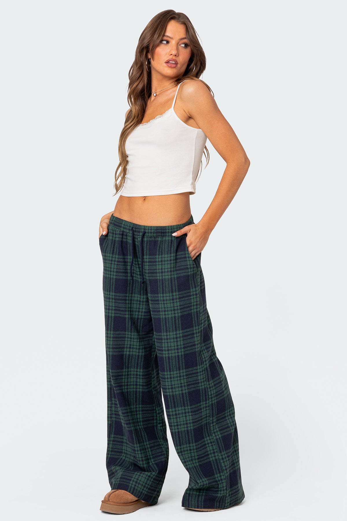 Lounge Around Plaid Wide Leg Pants - NAVY