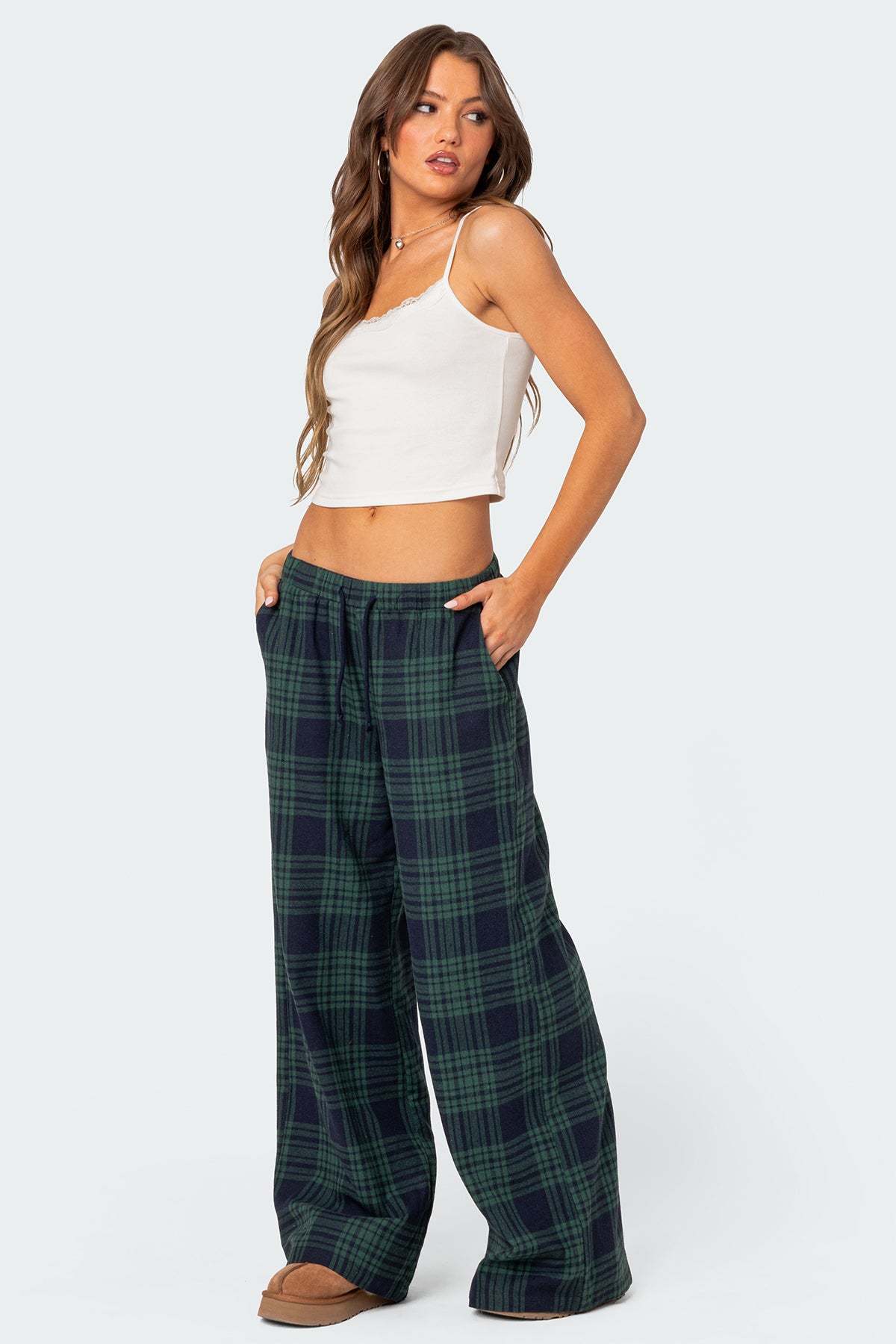 Lounge Around Plaid Wide Leg Pants - NAVY