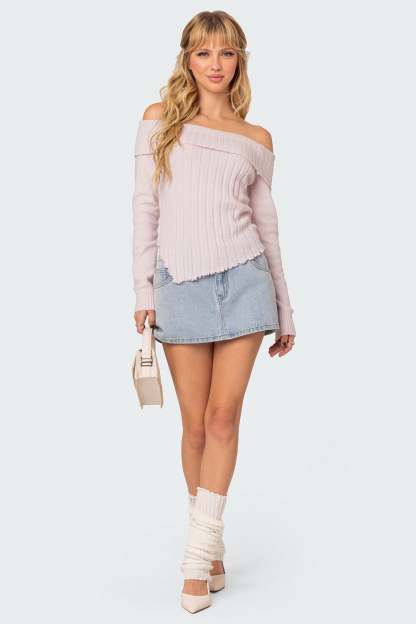 Sonya Fold Over Knit Top - LIGHT PINK