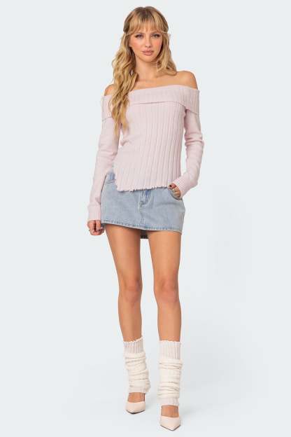 Sonya Fold Over Knit Top - LIGHT PINK
