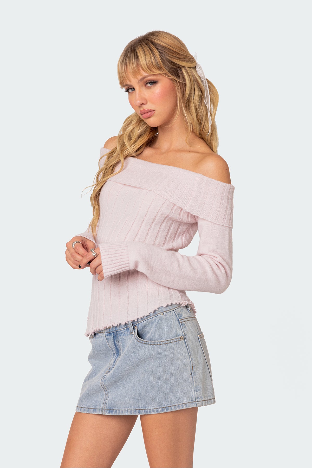 Sonya Fold Over Knit Top - LIGHT PINK