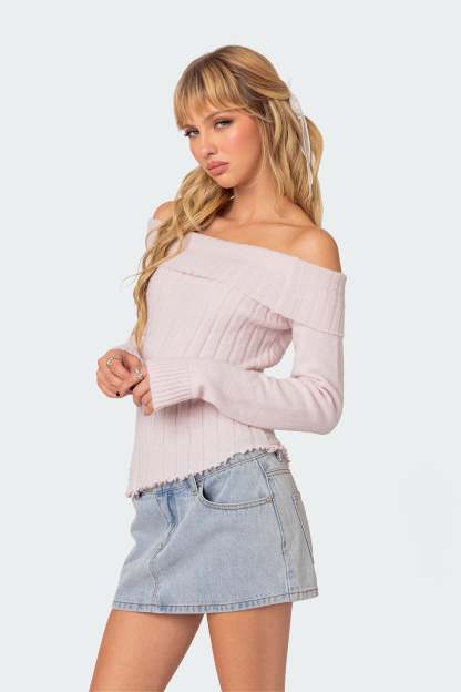 Sonya Fold Over Knit Top - LIGHT PINK